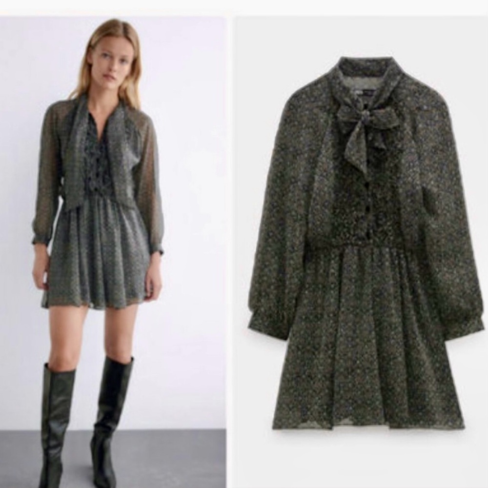 Zara Long Sleeve Ruffle Front Tie Dress. Size Medium